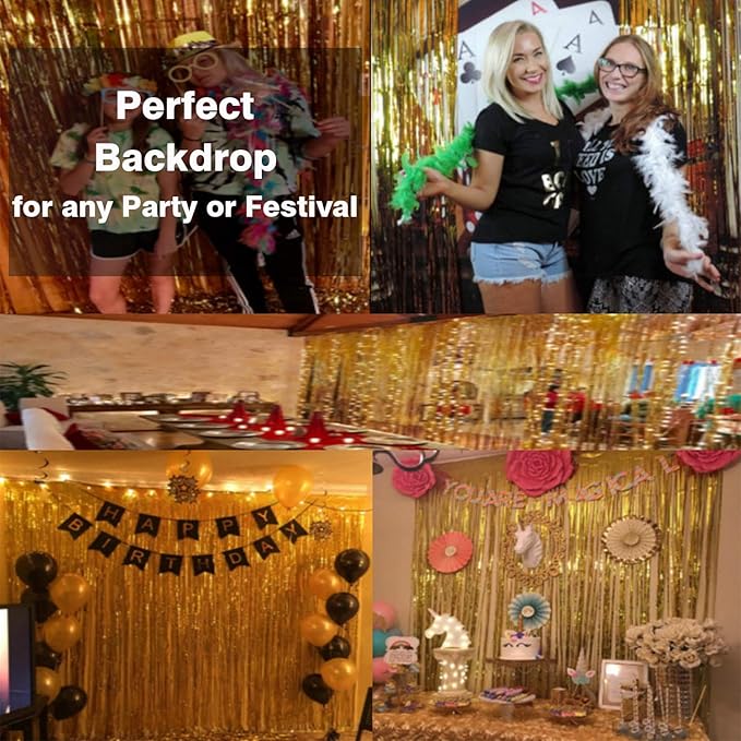GOER 3.2 ft x 9.8 ft Metallic Tinsel Foil Fringe Curtains Party Photo Backdrop Party Streamers for Birthday,Graduation,New Year Eve Decorations Wedding Decor (4 Packs,Gold)