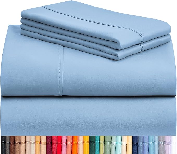 LuxClub 4 PC King Sheet Set, Deep Pockets Wrinkle Free Cooling Bed Sheets Hotel Bedding for Women, Men, Includes 1 Fitted Sheet, 1 Flat Sheet and 2 Pillowcases-Soft Sky