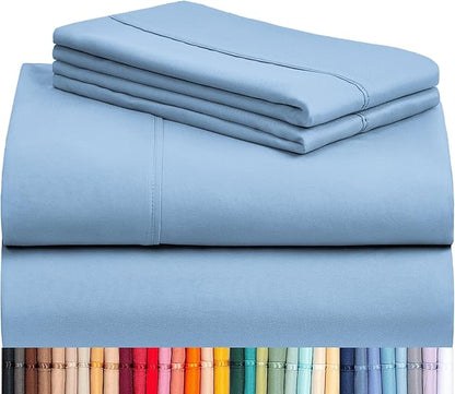 LuxClub 4 PC King Sheet Set, Deep Pockets Wrinkle Free Cooling Bed Sheets Hotel Bedding for Women, Men, Includes 1 Fitted Sheet, 1 Flat Sheet and 2 Pillowcases-Soft Sky