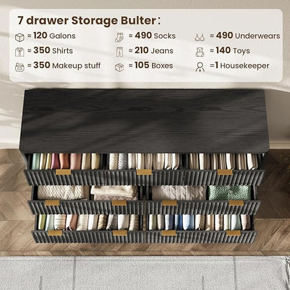 54'' Wide 7 Drawers Dresser for Bedroom,Modern Fluted Vertical Chest with Rounded Corners,Fluted Dresser for Living Room,Hallway, Black