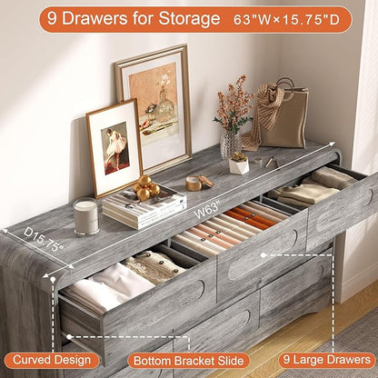 9 Drawer Dresser and Nightstand Sets for Bedroom, 3 Piece Bedroom Set, Wood 9 Drawer Dresser & Night Stand Set of 2, Large Chest of Drawers Modern Storage Cabinet Bedroom Furniture Set, Grey