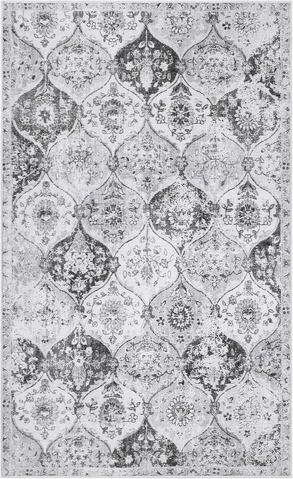 Lahome Moroccan Trellis Washable Small Area Rug, 3x5 Area Rug for Bedroom Living Room, Non-Slip Oriental Accent Throw Carpet for Kitchen Office Entryway Bathroom Office, Silver/Grey