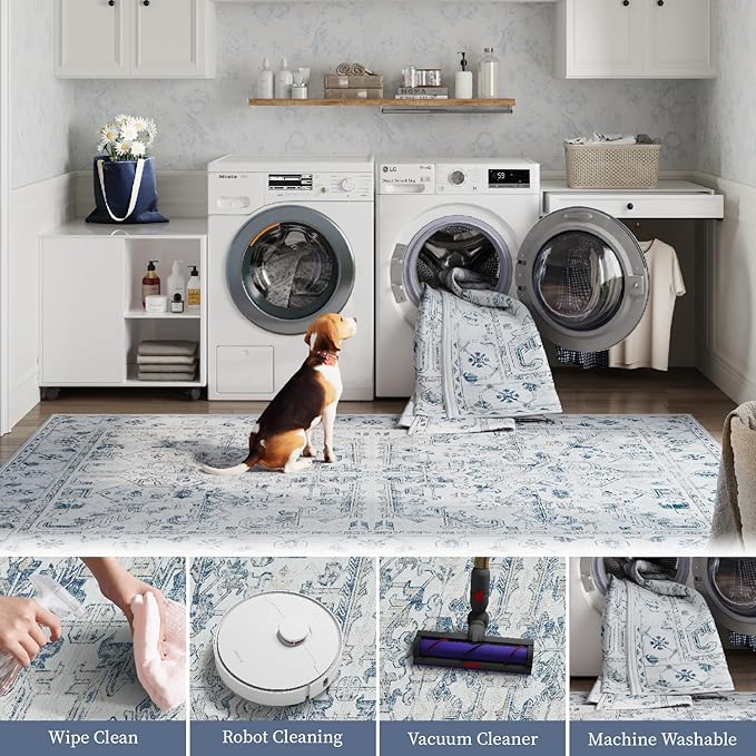 jinchan Lima 2x3 Washable Rug for Entryway - Vintage Floral Ultra-Thin Low Pile Soft Small Non Slip Distressed Indoor Door mat Accent Area Rug for Entrance Kitchen Bathroom Bedroom (2x3ft, Blue)