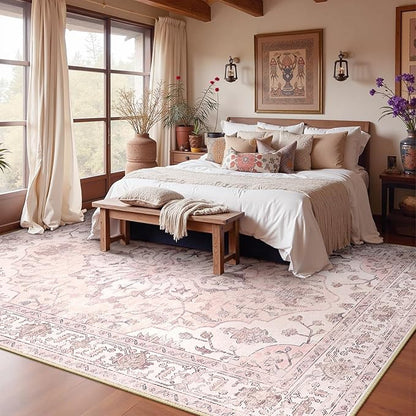 Area Rugs 10'x14' Washable Non-Slip, Floral Vintage Distress Print Pattern Medallion Carpet for Living Room Bedroom Dining Room, Pink Greypink Cute