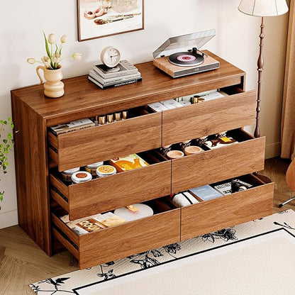 6 Drawer Dresser,47" Wide Mid Century Chest of Drawers,Wooden Bedroom Drawer Dresser with 6 Storage Drawers for Bedroom,Living Room,with Anti-Tipping Device,Dark Walnut