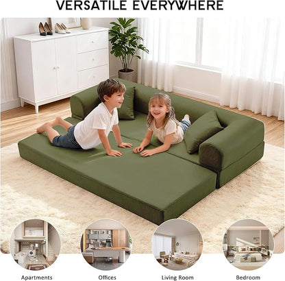 78.5" Convertible Sleeper Sofa Bed, Faux Leather Deep Seat Folding Floor Sofa with Pullout Bed & 2 Pillows, No Assembly Modern Boneless Couch Compression Sofa in Box for Living Room, Office, Green