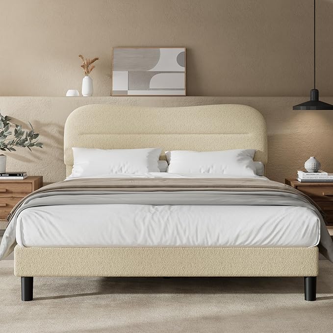 Queen Size Bed Frame with Headboard, upholstered Bed Frame Queen Size, Teddy Soft Boucle Fabric, Soft Cloud Marshmallow Shape Upholstered Headboard, No Box Spring Needed, Noise Free (Beige)