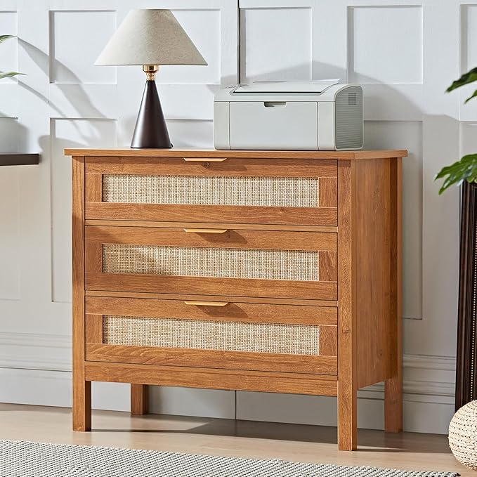 LEYAOYAO 31.5" Wide Rattan Night Stand, Large Boho Nightstand, Bedside Table with Storage, Tall Bed Side End Tables, Chest of Drawers for Bedroom, Living Room, Hallway（Brown,3 Drawers,2）
