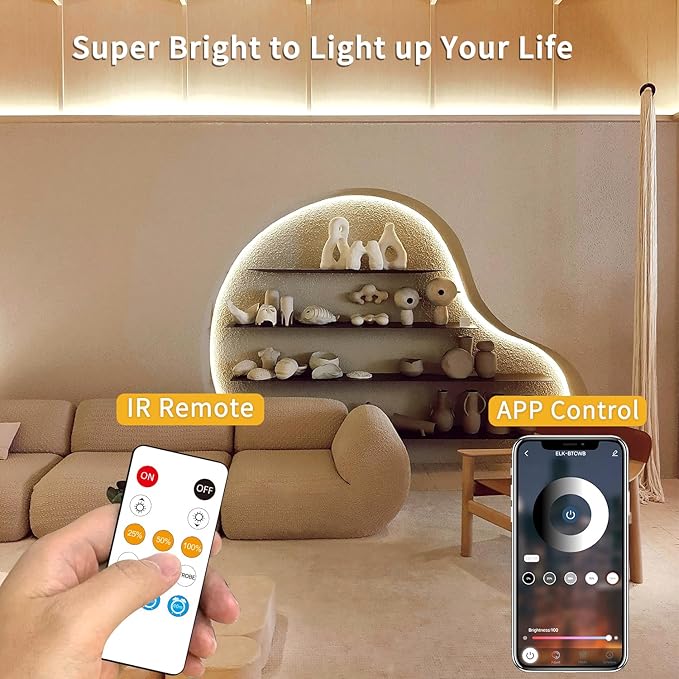 COB LED Strip Lights 100ft,3000K DC 24V Dimmable Warm White Flexible LED Rope Lights for Bedroom,with Remote and app Control LED Lights Strip for Living Room, Shelf, Cabinet