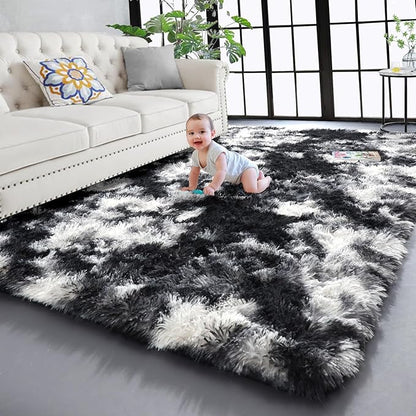 PAGISOFE Black White Grey Rugs for Living Room 5x8, Shag Fuzzy Fluffy Rectangular Rugs for Kids Room Playroom Classroom Dorm Shaggy Soft Carpet for Home Decor Aesthetic Plush Bedside Rug Modern Cool