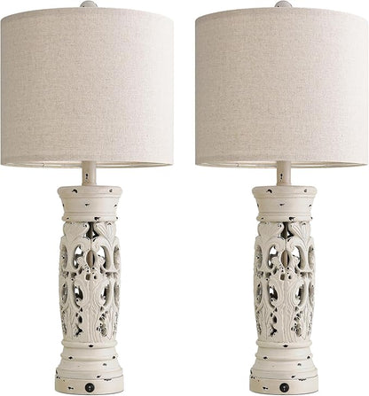 BOBOMOMO 27.25” Farmhouse Table Lamps Set of 2 – Antique White Bedside Lamps with Night Light & USB A+C Ports, Vintage Lamps for Bedroom, Living Room, Entryway, Console Table (Bulbs Included)