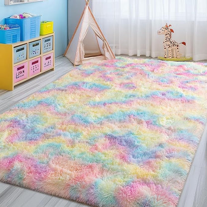 Fluffy Colorful Rainbow Rug 5 x 7, Plush Area Rugs for Bedroom Living Room, Large Fuzzy Carpet for Girls Kids Nursery Room Dorm, Non-Slip & Soft Shag Rug for Home Decor