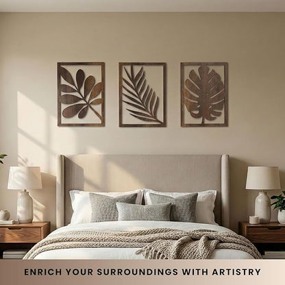 qmmp Modern Wooden Wall Sculptures - Set of 3 - Home Decor Accent - Large Wall Art for Living Room, Bedroom, Office - Easy Installation (Walnut, Large - Tree Leaves)