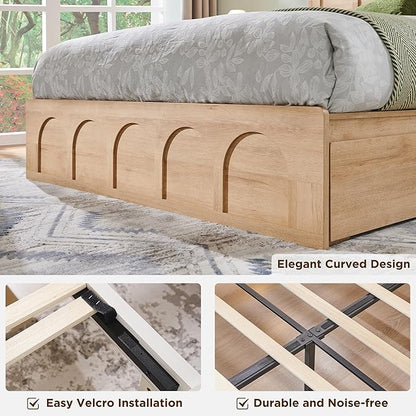 ACCOHOHO Queen Size Bed Frame Modern with 52" Tall Arched Recessed Headboard and 4 Drawers, Solid Wood Slats Support, Wood Platform, Noise Free, No Box Spring Needed, (Natural Oak)