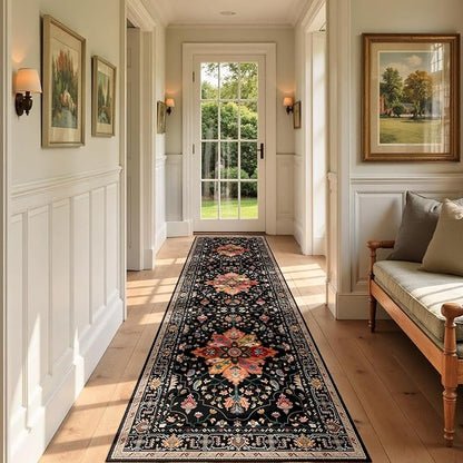 Area Rugs 2'x7' Washable Non-Slip, Floral Vintage Distress Print Pattern Medallion Carpet for Living Room Bedroom Dining Room, Black Colorful Floral Dark Tan