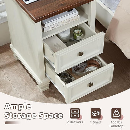 SAVOR LIFE Farmhouse Side Table with Charging Station, Antique Nightstands with Drawers, Bedside Table with Open Shelf for Bedroom, White