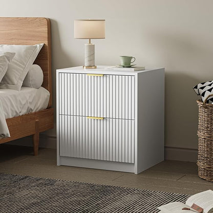 Set of 2 Fluted Nightstand with 2 Drawers, Modern Storage Bedside Table with Golden Metal Handles, Wooden End Table for Bedroom, White