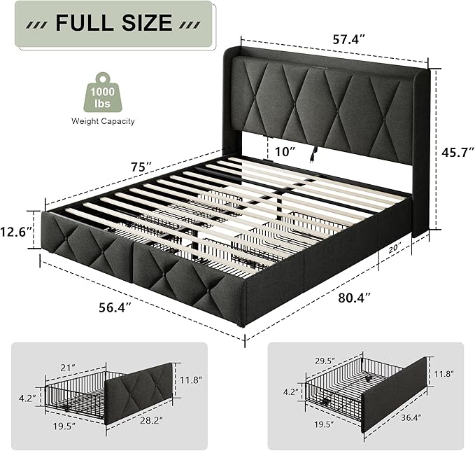Feonase Full Size Bed Frame with 4 Storage Drawers, Upholstered Platform Bed with Charging Station, Wingback Storage Headboard, Wooden Slats Support, No Box Spring Needed, Easy Assembly, Dark Grey