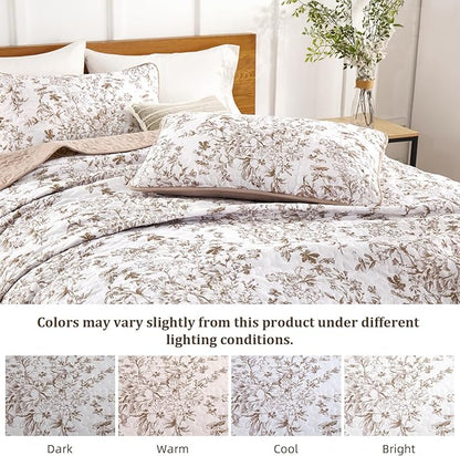 WONGS BEDDING Queen Size Quilt Set, Brown Quilt Bedding Set with 2 Pillowcases, Botanical Quilt for Queen Bed, Soft Microfiber Lightweight Coverlet Bedspread for All Season (96"×90", 3 Pieces)