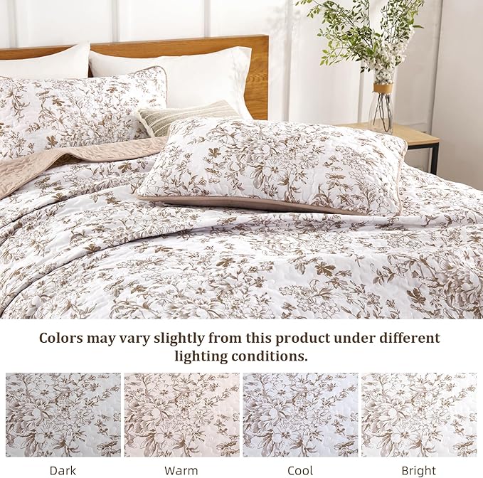 WONGS BEDDING King Size Quilt Set, Brown Quilt Bedding Set with 2 Pillowcases, Botanical Quilt for King Bed, Soft Microfiber Lightweight Coverlet Bedspread for All Season (110"×90", 3 Pieces)