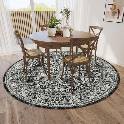 vivorug Round Rug 4ft Vintage-Inspired Round Area Rug Non-Slip Indoor Carpet for Living Room Bedroom Entryway, Stain Resistant Home Decor Circle Rug, Black and White