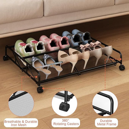 Under Bed Shoe Storage Organizer, Metal Mesh Under Bed Storage Containers with Wheels, Shoe Organizer Drawer Space Saving for Bedroom, 1 Pack