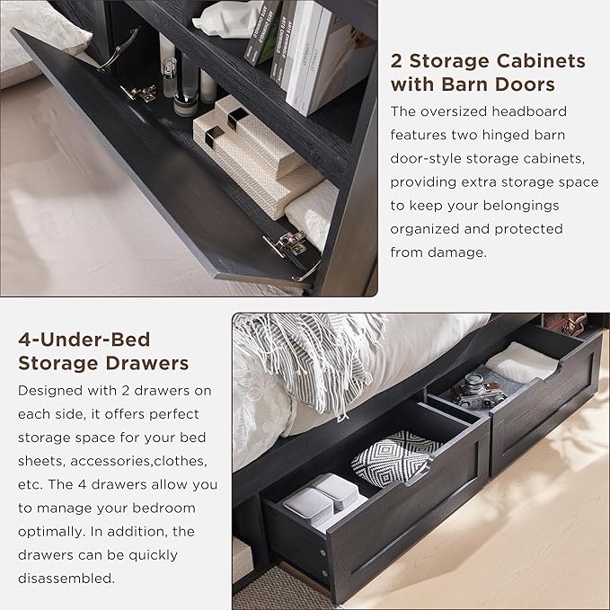 ACCOHOHO Full Bed Frame with 52" Tall Headboard and 4 Drawers,LED Light,Charging Station,Solid Wood Slats Support,No Box Spring Needed,Black