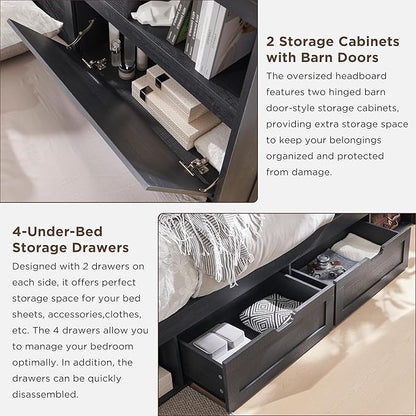 ACCOHOHO Full Bed Frame with 52" Tall Headboard and 4 Drawers,LED Light,Charging Station,Solid Wood Slats Support,No Box Spring Needed,Black