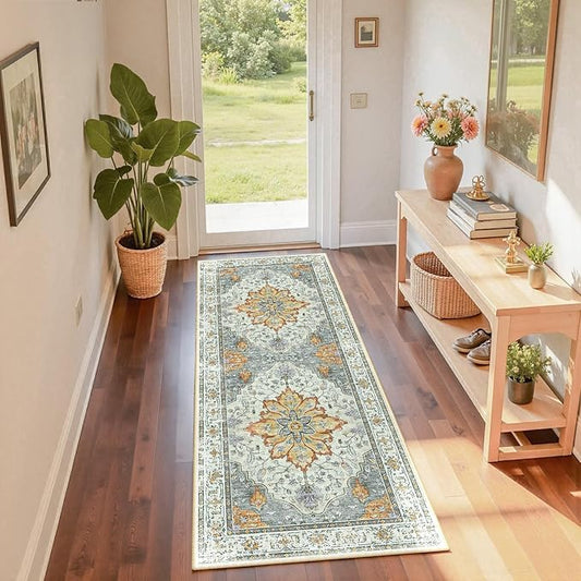 Area Rugs 2'x6' Washable Non-Slip, Floral Vintage Distress Print Pattern Medallion Carpet for Living Room Bedroom Dining Room, Light Yellow Carbon Grey Orange