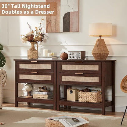 LEYAOYAO 31.5" Wide Rattan Night Stand, Oversized Large Walnut Nightstand with 2 Drawer, Boho Bed Side End Tables with Storage Shelf, Tall Bedside Table for Bedroom Living Room, Hallway