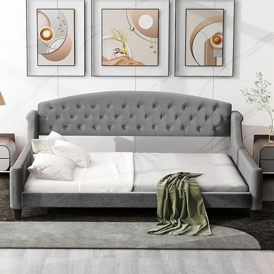 Favfurish Full Size Modern Luxury Tufted Button Daybed, Stylish Wood Upholstered Day Bed,No Box Spring Required, Easy Assembly,for Bedroom,Living Room and Guest Room,Den,Office,Gray
