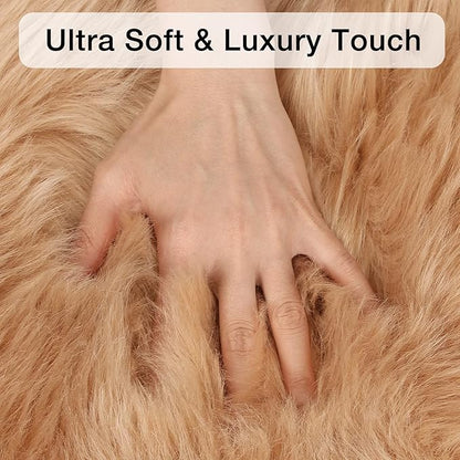 duduta Beige Faux Sheepskin Throw Rug 2x3 ft, Fluffy Shag Fur Chair Cover Small Bedside Dorm Rug Non Slip Machine Washable