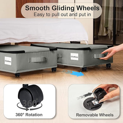Under Bed Storage with Wheels, 2 Pack Under Bed Storage Containers with Label Holders for Clothes, Shoes and Blankets, Rolling Underbed Shoe Organizer with Cover, Grey (23.6 x 15.7 x 7.28 in)