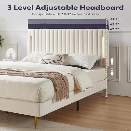 King Platform Bed Frame, Velvet Upholstered Bedframe with Vertical Channel Adjustable Headboard, Golden Plating Trim, Mattress Foundation with Wooden Slats, No Box Spring Needed, Beige
