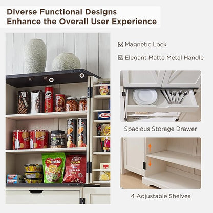 ACCOHOHO 72" Tall Kitchen Pantry, Farmhouse Storage Cabinet with Barn Doors, Organizer, Drawer and Adjustable Shelves, Rustic Wood Cupboard for Kitchen, Dining Room, Bathroom, Off White | Barn Doors, Organizer, Drawer, Adjustable Shelves, Cupboard