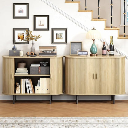 Buffet Cabinet with Storage, Fluted Sideboard Buffet with Sliding Door, Coffee Bar Cabinet with Adjustable Shelf, Console Table, Accent Table for Entryway, Kitchen (Oak, 40 Inch)