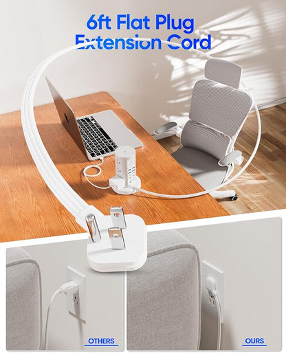 Power Strip Tower, kakyanill Surge Protector Tower 9 AC Outlets 8 USB (4 USB C), 6 Ft Retractable Extension Cord, Charging Station for Office Dorm Room, White