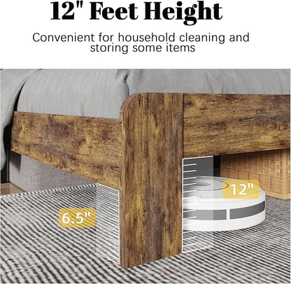 King Size Bed Frame with Farmhouse Headboard, Rustic Boho Wooden Bedframe with LED Lights and Charging Station, Easy Assembly, No Box Spring Needed (Brown, King)