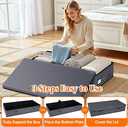 Under Bed Storage Containers with Lids - 3 Pack, Foldable and Stackable Clothes Storage Bags with Clear Window, 3-Sided Handles and Label Slot for Clothing, Blankets, Pillows (Grey)