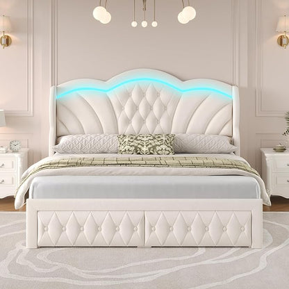 Keyluv Queen Bed Frame with LED Lights and 2 Storage Drawers, Velvet Upholstered Platform with 47" Tall Arc-Shaped Wingback Headboard and Button Tufted Design, No Box Spring Needed, Noise-Free, Beige