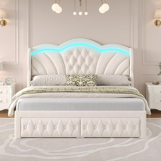 Keyluv Queen Bed Frame with LED Lights and 2 Storage Drawers, Velvet Upholstered Platform with 47" Tall Arc-Shaped Wingback Headboard and Button Tufted Design, No Box Spring Needed, Noise-Free, Beige