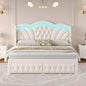Keyluv Queen Bed Frame with LED Lights and 2 Storage Drawers, Velvet Upholstered Platform with 47" Tall Arc-Shaped Wingback Headboard and Button Tufted Design, No Box Spring Needed, Noise-Free, Beige