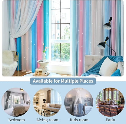 Star Blackout Curtains for Bedroom - Cute Kids Rainbow Curtains, 72 Inch Long 2 Panels, Beige, Blue & Pink