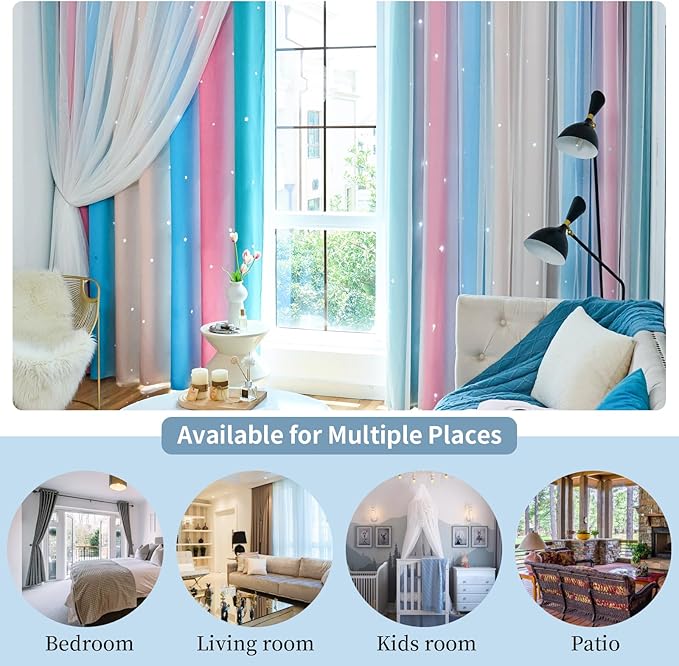 Star Blackout Curtains for Bedroom - Cute Kids Rainbow Curtains, 63 Inch Long 2 Panels, Beige, Blue & Pink