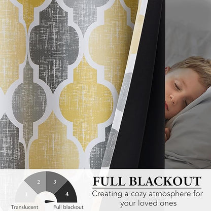Beauoop 100% Blackout Curtains 84 Inches Long 2 Panels for Bedroom Living Room Yellow Grey Moroccan Geo Room Darkening Thermal Insulated Soundproof Grommet Top Window Treatments Drapes, 50x84 Set of 2