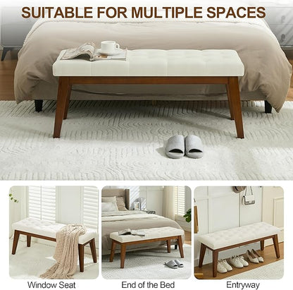 43.5'' Linen Bedroom Bench, Upholstered End of Bed Bench with Tufted Button, Padded Vintage Dining Bench, Entryway Bench with Solid Wood Legs, Kitchen, Living Room, Hallway, Beige Tufted