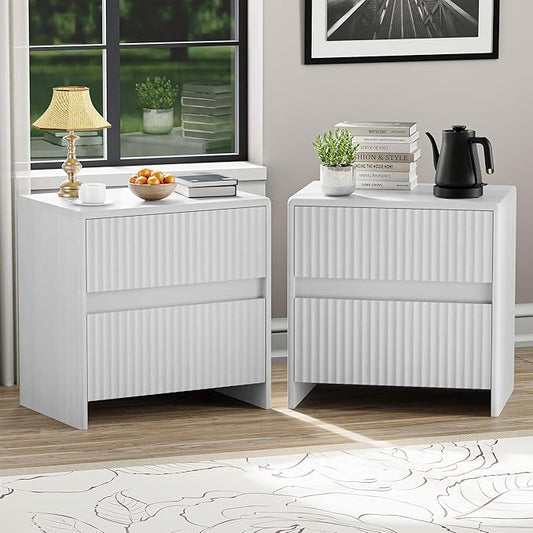 Set of 2 Fluted Nightstand, 23" Wide Bedside Table with 2 Storage Drawers, Modern Night Stand for Bedroom, White