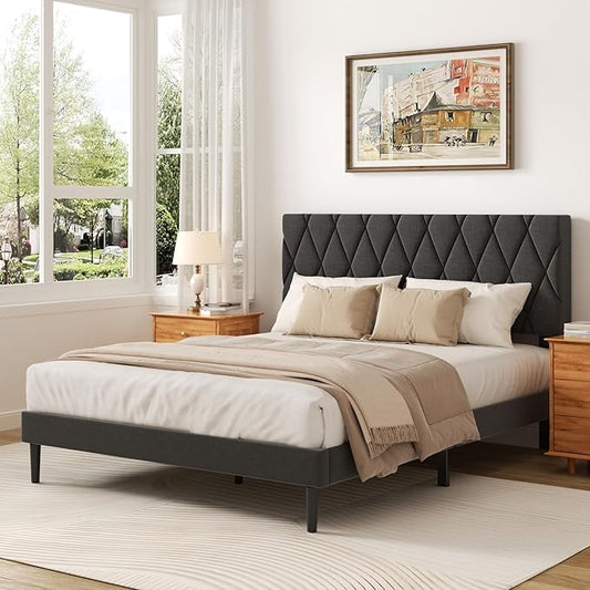 Queen Size Bed Frame with Diamond Tufted Headboard, Linen Upholstered Platform Bed and Wooden Slat Support, Noise-Free, No Box Spring Needed, Easy Assembly, Dark Grey