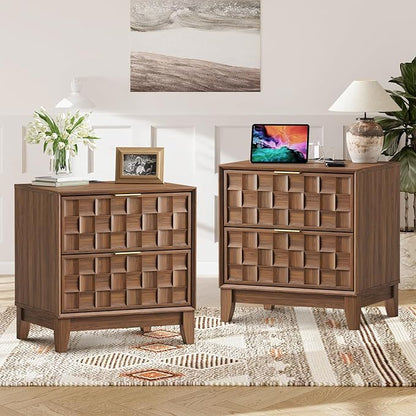 COLAMY Night Stand Set of 2, Nightstand with Charging Station, 22" Modern Bed Side Table with 2 Storage Drawers and Chessboard Relieffor Bedroom, Dorm and Small Spaces - Walnut