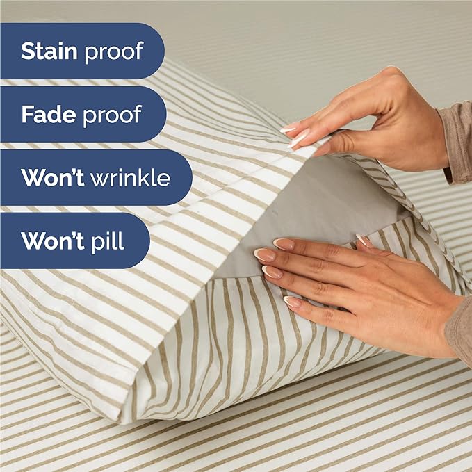 Split King 7 Piece Sheet Set - Cooling & Breathable - Hotel Luxury Bedding, Includes Fitted Sheets for Women, Men, Kids & Teens - 1 Flat, 2 Fitted Sheets, 4 Pillowcases w/Deep Pockets - Beige Stripes